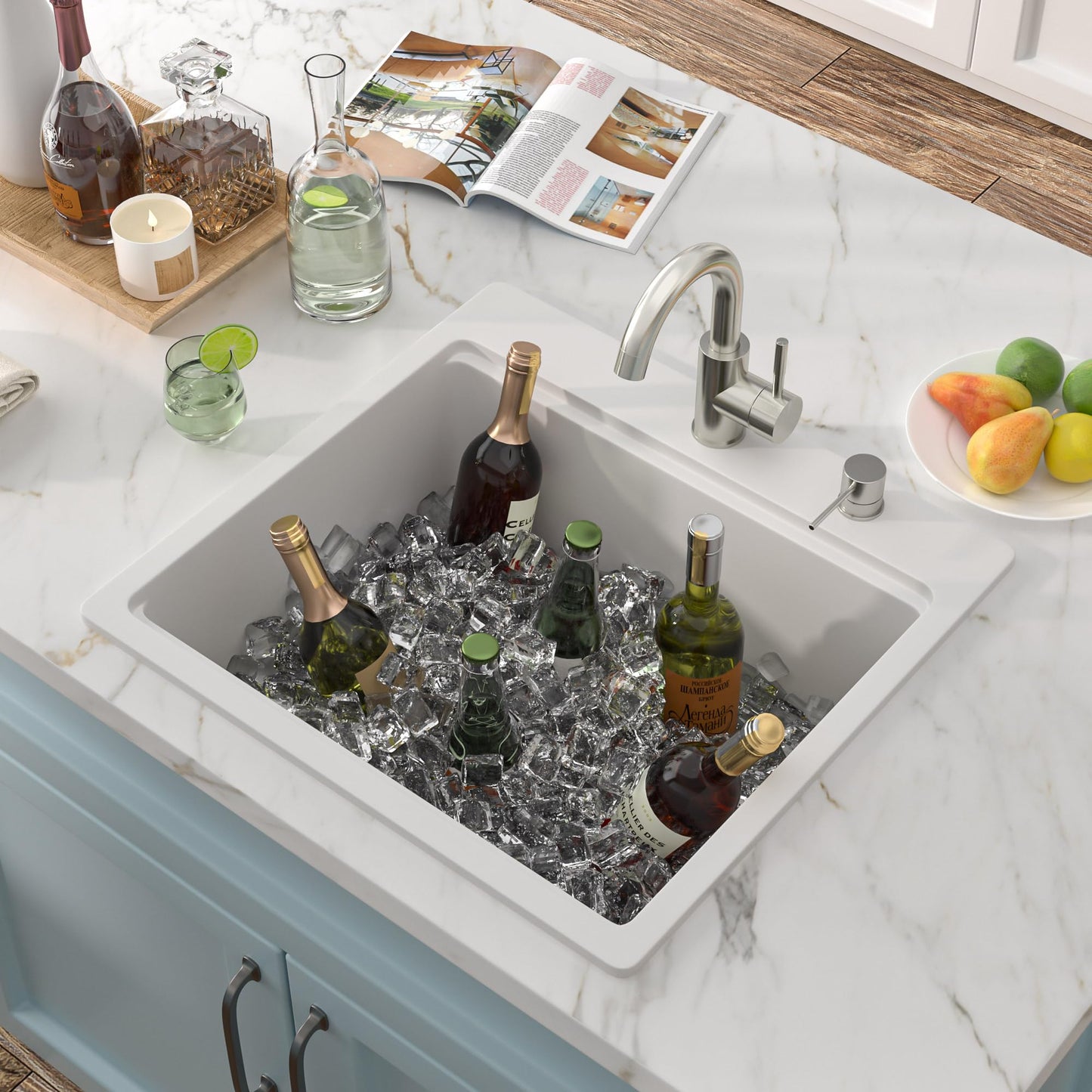 Fulorni 21"×20" Drop In Wet Bar Sink Workstation - White Granite Composite Quartz Classic Top Mount Single Bowl Outdoor Kitchen Bar Prep RV Sink Basin