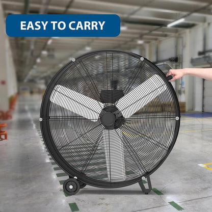 EliteEdge 30 in Industrial Drum Fan, High Velocity Floor Fan 3-Speed, Heavy Duty Metal Air Circulator with Caster Handle for Patios, Warehouses, Commercial, Factories and Workshops