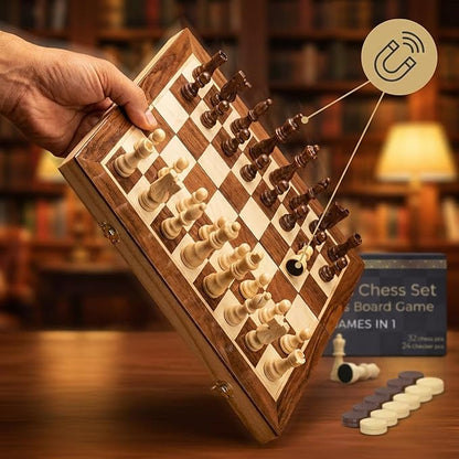 Wooden Magnetic Chess Set &amp Checkers Board Game 15” Foldable Chess Board | Solid Wood 2-in-1 Board Game for Adults with Storage Box 2 Extra Queens Portable Travel Chess Set for Kids &amp Begin