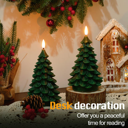 JOIONE Christmas Tree Flameless Candles with Remote Timer, Battery Operated Flickering Candles, LED Real Wax Candles for New Year Celebration, Christmas Decor, Set of 2, Green (3.15" X 7.48")