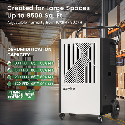 Waykar 155 Pints Commercial Dehumidifier with Pump, Drain Hose and Washable Filter Space up to 8000 Sq. Ft, for Basements, Industrial or Commercial Spaces - 5 Year Quality Coverage