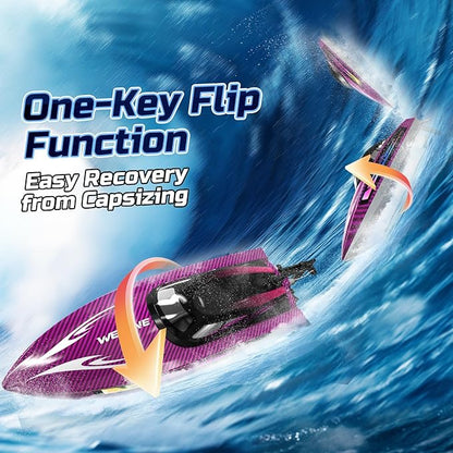 Remote Control Boat for Adults 25+ KMH Fast RC Speed Boat with LED Light for Kids Self-righting Demo WF17 Ideal Pools and Lakes Toys 2 Rechargeable Batteries for 30-40 Mins Purple