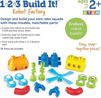 Learning Resources 1-2-3 Build It! Robot Factory - Building Toys Early Engineering and Science STEM Activities Fine Motor Skills Toddler Explorer Kit Construction Bots Boys and Girls Gifts