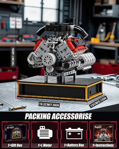 V8 Engine Building Set Build Your Own Mini V8 Model Engine Kit that Run with Battery and Motor 8-Cylinder Car Model Engine Building Toys for Adults Kids Age 14+ (1079PCS)