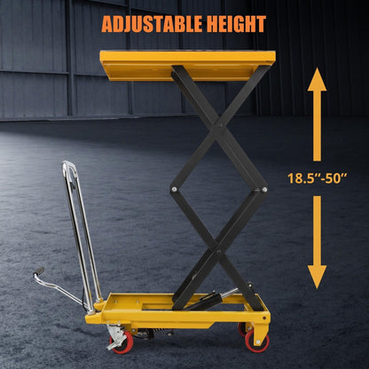Hydraulic Double Scissor Lift Table Cart, 330 LBS Load Capacity, 50" Adjustable Height, Non-Slip Platform & 4 Universal Wheels, Heavy Duty Lift Table for Material Handling, Yellow
