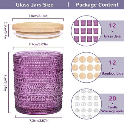 DARJEN 12 Pack Purple Candle Jars - 8 OZ Empty Glass Containers With Bamboo Lids and Labels for Making Candles, DIY Home Supplies