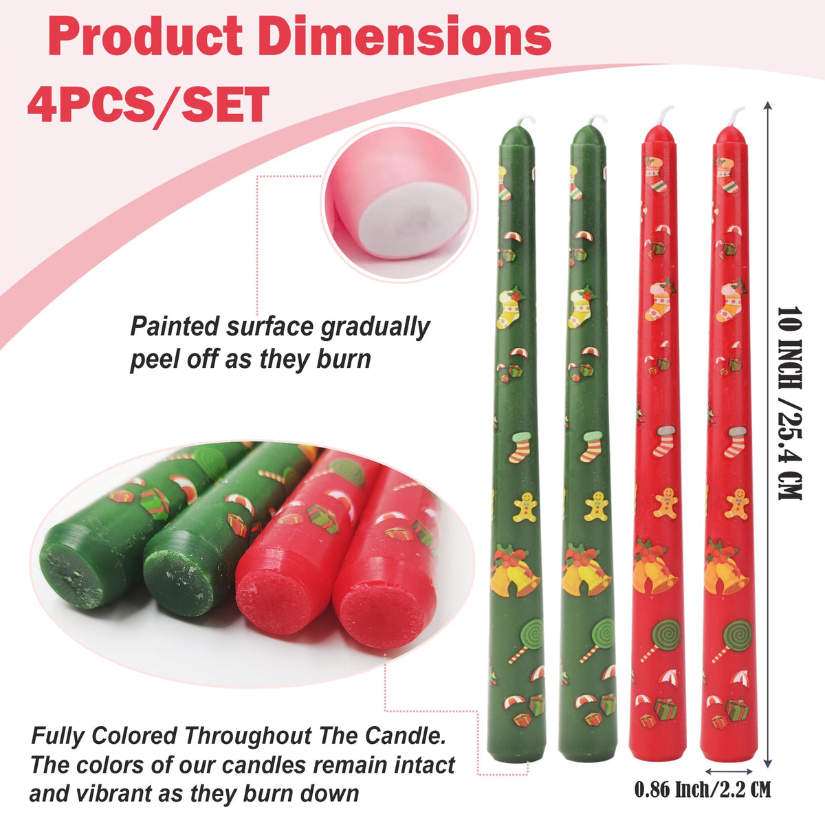 W&LESVAGO 10 Inch Christmas Print Taper Candles Set of 4, Hand-Printed Trees/Bell Patterns, Unscented Long Candlesticks for Dinner Tables & Festive Decorations