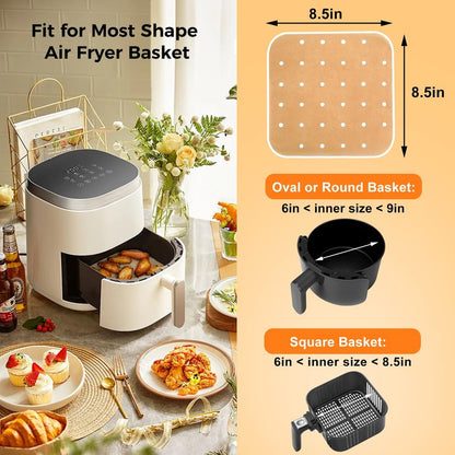 Vailnd Air Fryer Liners Disposable, 100pcs 8.5In Square Parchment Paper Sheets Unbleached, Perforated Food Steamer Liner for 5-8 Qt Air Fryers Baking Cooking Oven
