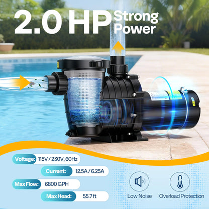 VIVOHOME 2.0HP Pool Pump - 115V/230V Self-Priming Motor - In/Above Ground - 6800GPH Energy Efficient - 1.5", 2", and 1.25"-1.5" Connectors w/Strainer Basket