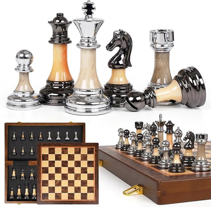 Luxury Large Chess Set 17 Inch Wooden Chess Board with Metal and Acrylic Chess Pieces 3.5 King 2 Extra Queens Foldable Tournament Chess Set for Adults and Kids Gift Display Chess Game Collection