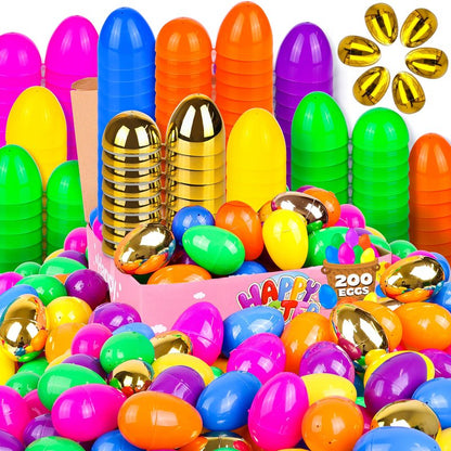 NAWITDA 200 Pack 3 Inch Large Easter Eggs Bulk Include 6 Surprise Golden Eggs, Bright Colors Fillable Empty Plastic Easter Egg for Easter Hunt, Easter Basket Fillers, Easter Party Favors