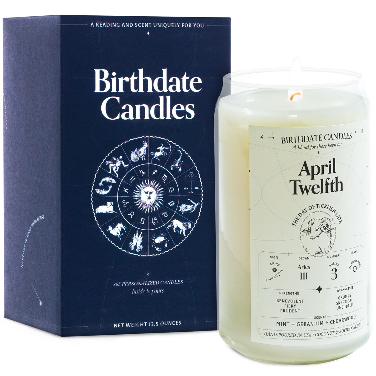 Birthdate Candles, April 12 - Aries Zodiac Scented Candles Birthday Gift - Mint, Geranium & Cedarwood Scent - All-Natural Soy & Coconut Wax, 60-80 Hour Burn Time - Made in USA