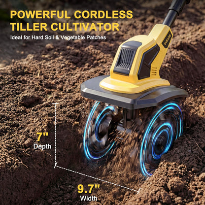 21V Cordless Tiller Cultivator, 2x4.0Ah Battery Powered Electric Garden Tiller, 360RPM Rototiller with 48 Steel Tines, 9.7" Width & 7" Depth, Lightweight Soil Tiller for Gardening