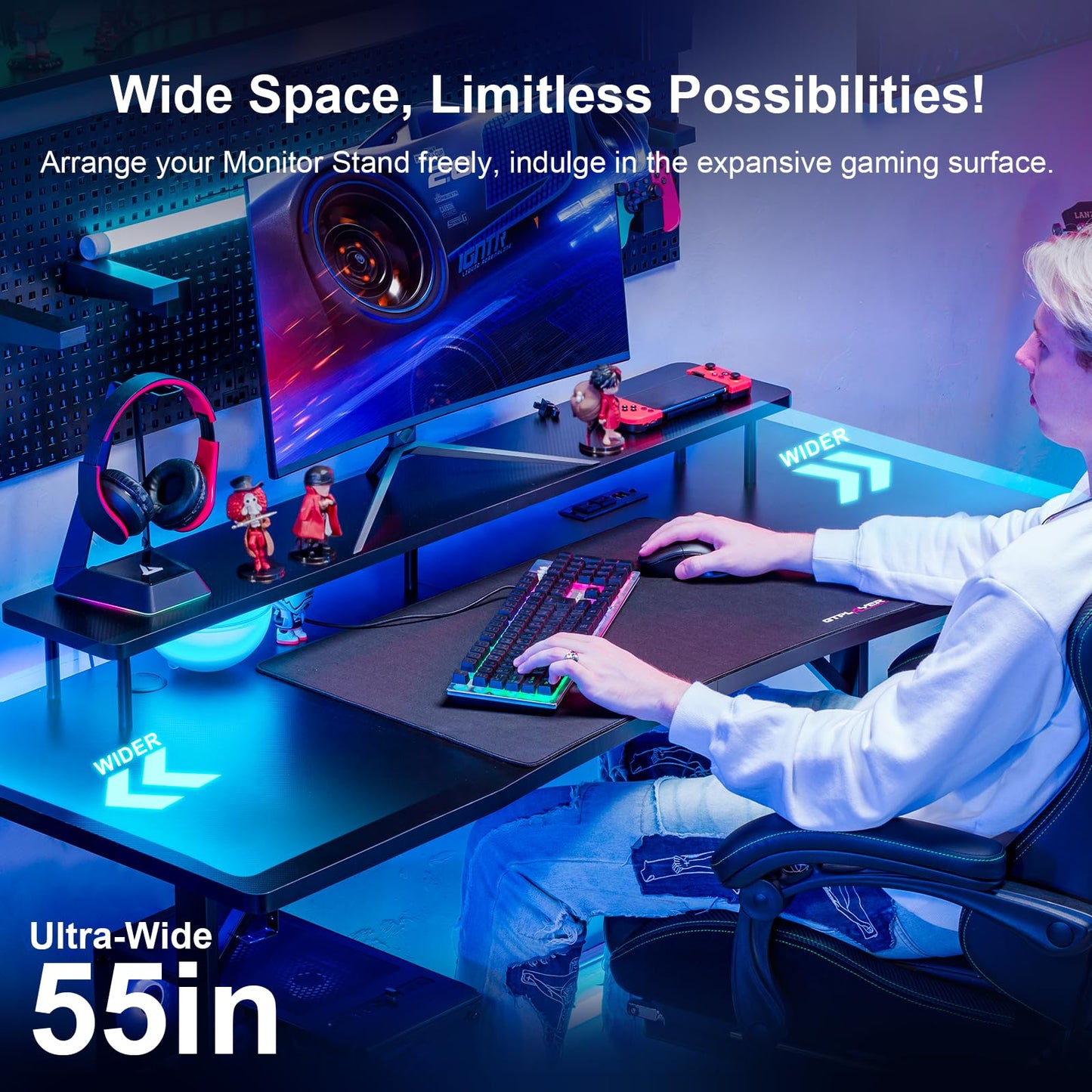 GTRACING 55 Inch Gaming Desk with LED Lights, Computer Gamer Desk with Monitor Stand, Ergonomic Carbon Fiber Surface Gaming Table with Mouse Pad for Home Office, RGB
