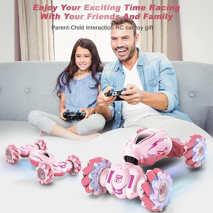Pink RC Car Toys for Girls Aged 6-12 Gesture Sensing RC Stunt Cars with Lights Music for Girl Birthday Xmas Gifts 2.4GHz 4WD Pink Remote Control Toy Double-Side Flip 360° All-Round Rotation