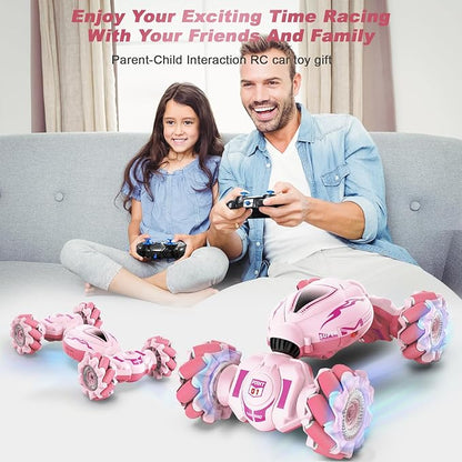 Pink RC Car Toys for Girls Aged 6-12 Gesture Sensing RC Stunt Cars with Lights Music for Girl Birthday Xmas Gifts 2.4GHz 4WD Pink Remote Control Toy Double-Side Flip 360° All-Round Rotation