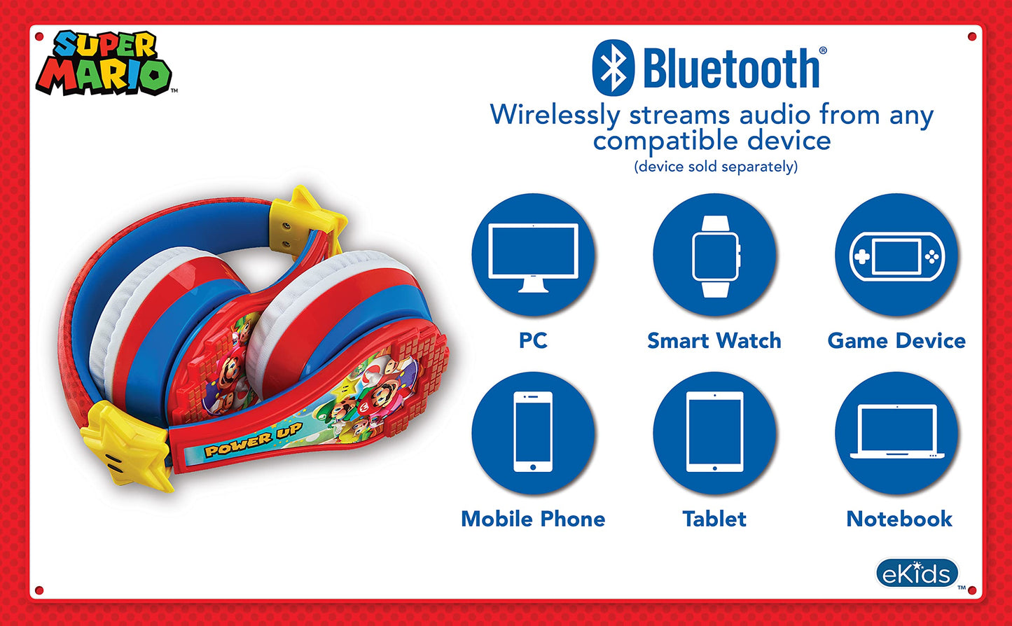 Super Mario Wireless Bluetooth Portable Kids Headphones with Microphone, Volume Reduced to Protect Hearing Rechargeable Battery, Adjustable Kids Headband for School Home or Travel