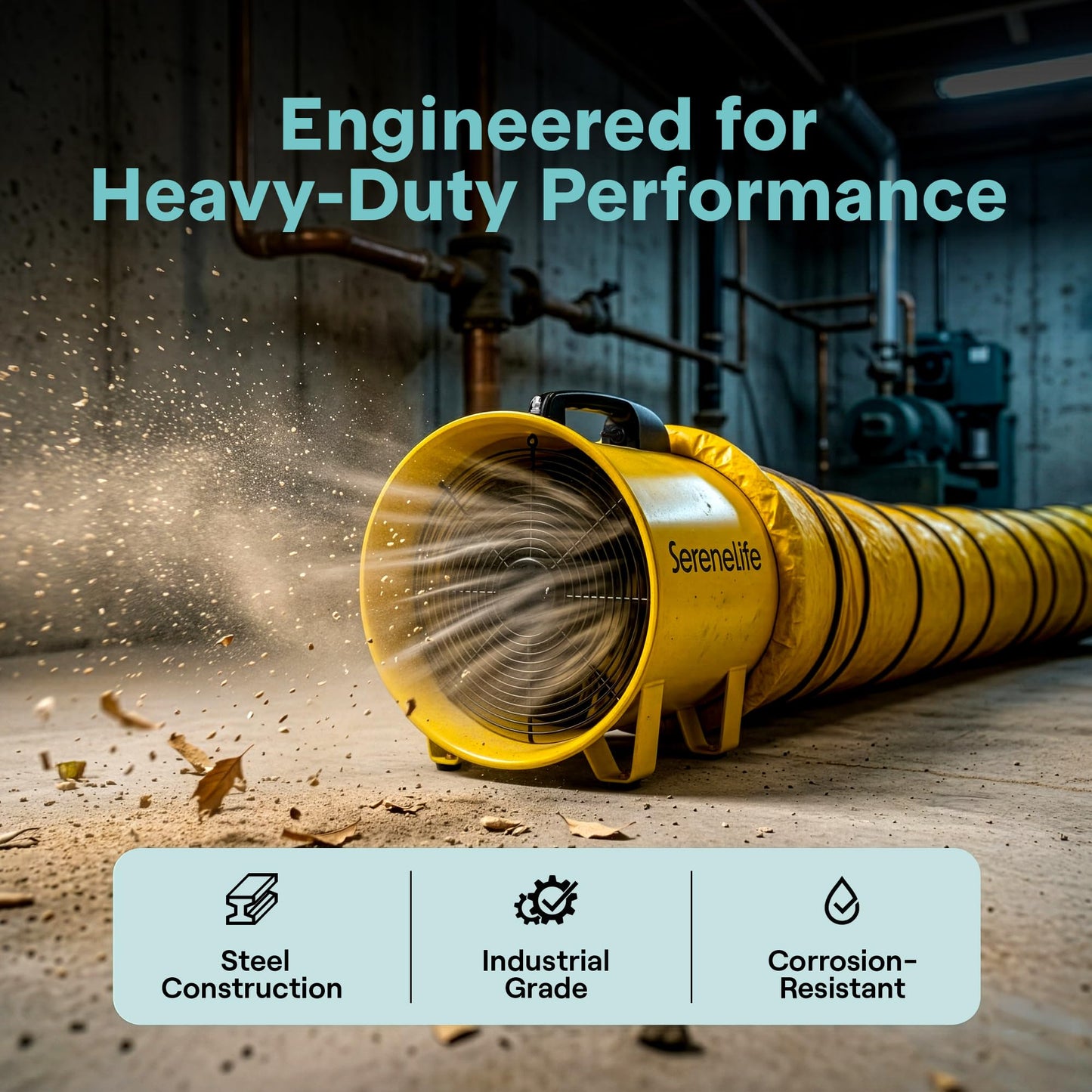 SereneLife Heavy Duty Cylinder Fan 12 inch,Blower Fan with 3200 CFM Airflow, 25ft PVC Ducting, Industrial Exhaust for Warehouses, Workshops, Crawl Spaces, & Basements, Smoke & Odor Removal