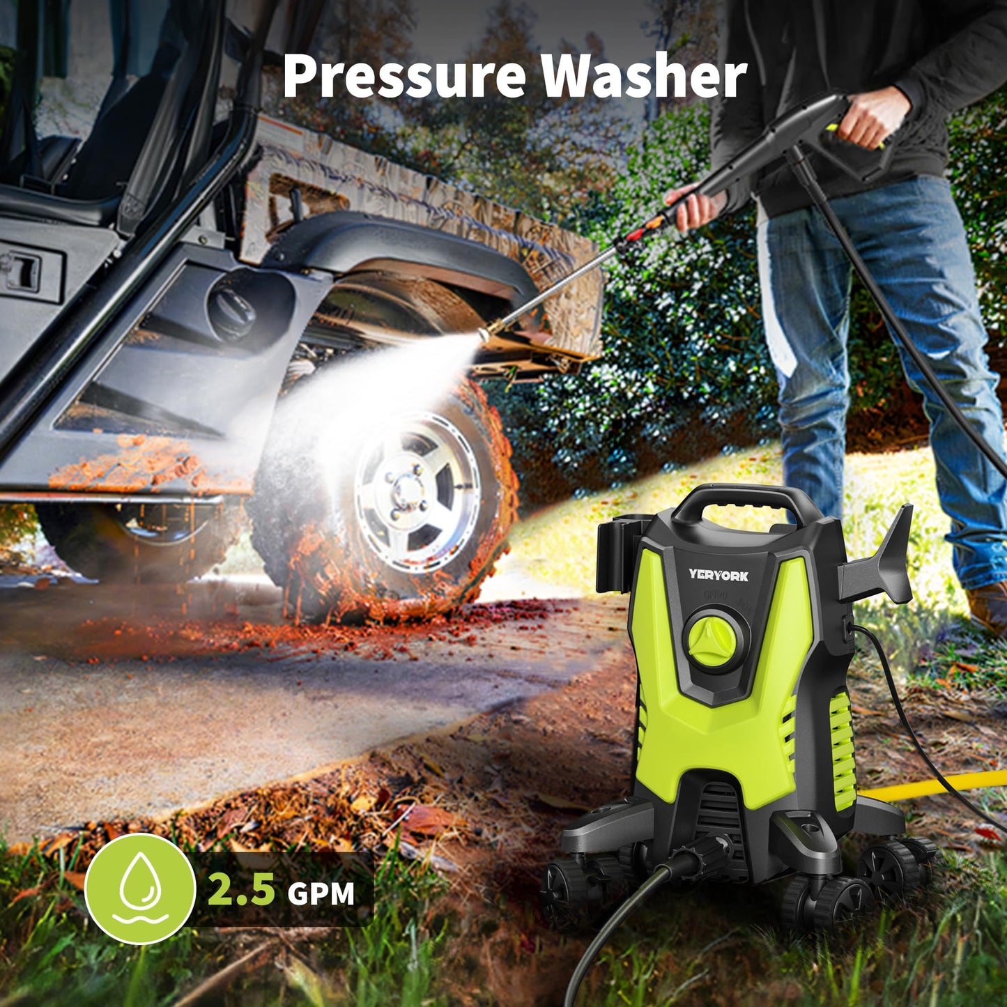 Yeryork Pressure Washer, 3500 PSI Power Washer with 4 Lockable Wheels, Steel Wand, 4 Quick Connect Nozzles, 500ml Foam Cannon, High Pressure Washer for Decks/Driveways/Cars Cleaning
