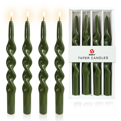 10 Inches Spiral Taper Candles Sticks Olive Green Twisted Candle Dripless Unscented Long Candles, Handmade Candlesticks for Wedding Dinner Decor, Set of 4