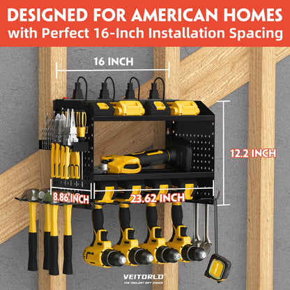 Power Tool Organizer with Charging Station, Heavy Duty Modular Wall Mount Rack for Garage & Shed Organization, 4 Drill Holders, Fathers Day Anniversary Birthday Gifts for Men Dad Him Husband(Black)