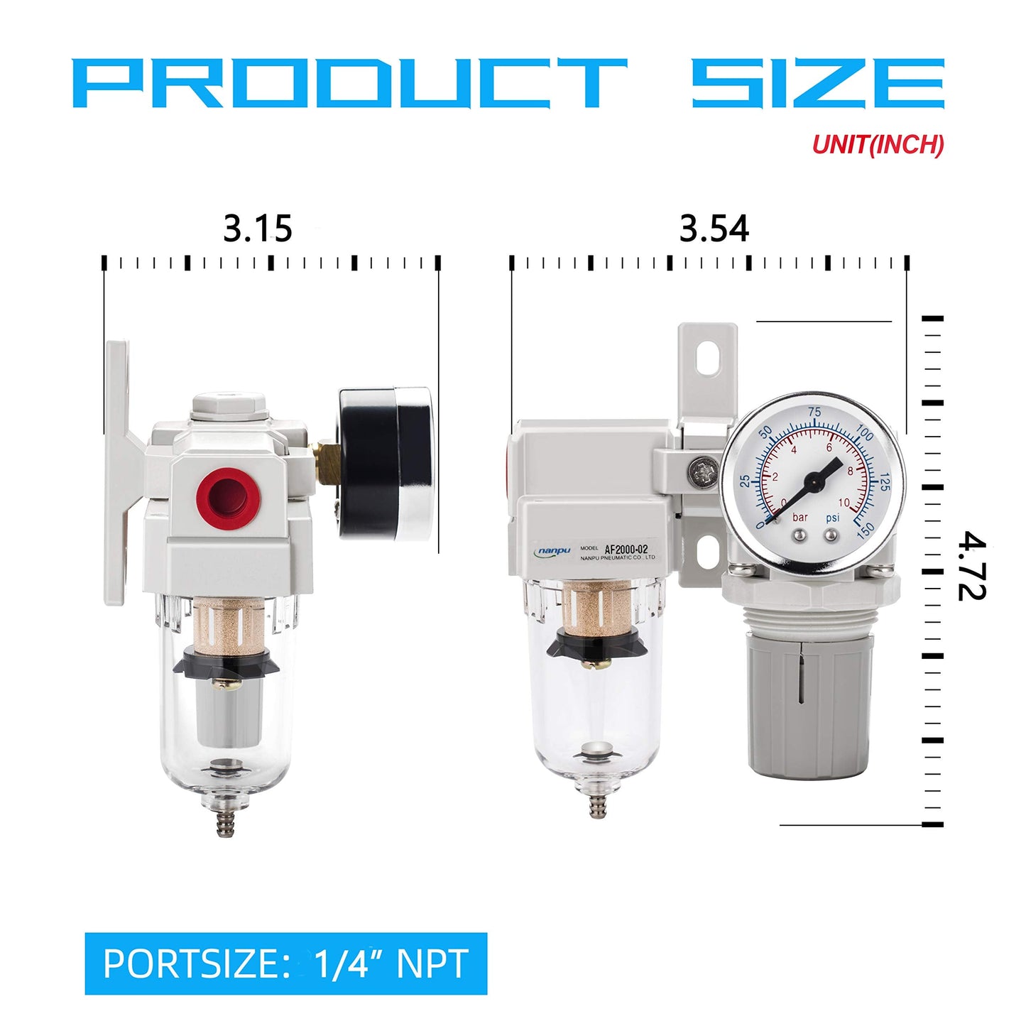 NANPU 1/4" NPT Compressed Air Filter Regulator Combo Piggyback, 5 Micron Element, Poly Bowl, Semi-Auto Drain, Bracket, Gauge (ARF2000)