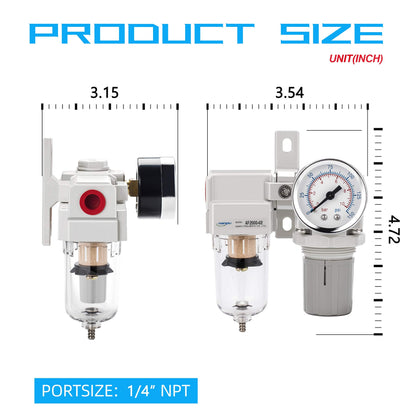 NANPU 1/4" NPT Compressed Air Filter Regulator Combo Piggyback, 5 Micron Element, Poly Bowl, Semi-Auto Drain, Bracket, Gauge (ARF2000)