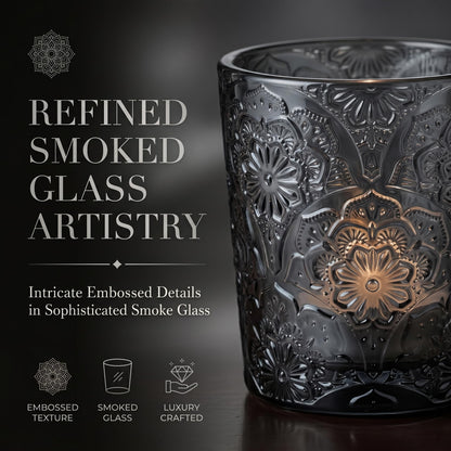 6 Pack Mandala Embossed Glass Candle Holders – Votive Tealight Holders with Patent Design, Decorative Embossed Glass Cups for Wedding Centerpieces, Parties, and Home Décor (Smoky Quartz)