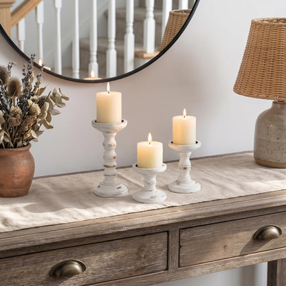 Romadedi Wood Candle Holders for Pillar Candles - Set of 3 Tall Farmhouse Wooden Candlestick Holder, Rustic Candle Stand for Fireplace Mantle Shelf Table Home Decor, Brown Whitewashed 3.9"/6"/ 8.3"