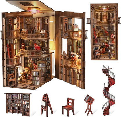 Book Nook Library Kit DIY Miniature Dollhouse Booknook Kit 3D Wooden Puzzle Bookend Bookshelf with LED Light for Adults Teens (Abbey Library)