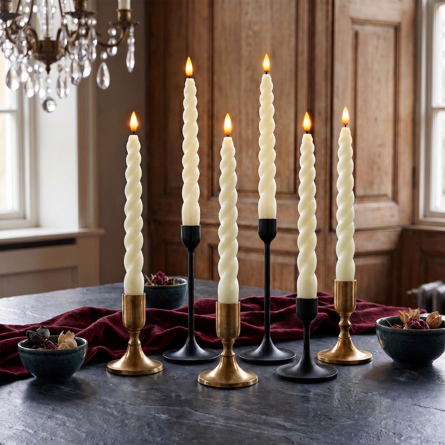 WYZworks 10" Flameless LED Taper Candles – Full Twisted Spiral – Ivory, Set of 6 – Remote, 2/4/6/8-Hr Timer (24-hr Memory), Bottom On/Off Button, Dimmable, Battery Operated, Flicker/Steady