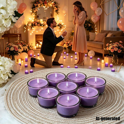 7–8 Hour Long-Burning Scented Tea Lights (6-Pack) — Assorted Scented Candles in Glass Cups | Smokeless & Aromatic — Ideal for Home, Weddings, Parties, and Gifting (Purple)