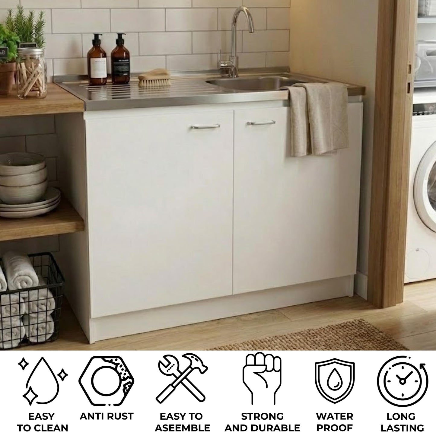Tuhome Napoles Utility Sink Base Cabinet with Integrated Stainless Steel Countertop, Freestanding Cabinet with Double Doors, Interior Shelf for Laundry Room, Utility Room, Mudroom or Kitchen