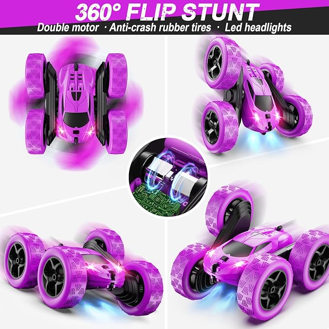 RC Cars Purple Remote Control Car for Girls 2.4 GHZ Double Sided RC Stunt Car 360° Rotating Remote Control Crawler with Headlights Car Toys for 6 7 8 9 10 11 12 Girls Birthday Gift