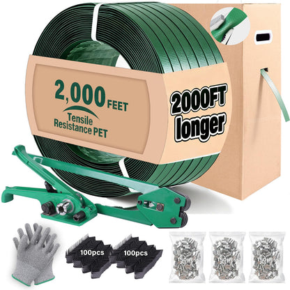 FoundGo PET Banding Strapping Kit for Heavy Duty Tough Pallet Packaging Strapping Tool with >1500lbs 5/8" x 2000' PET Strapping Roll & its own Pull-Out Box 200 Corner Protectors 450 Seals-Green