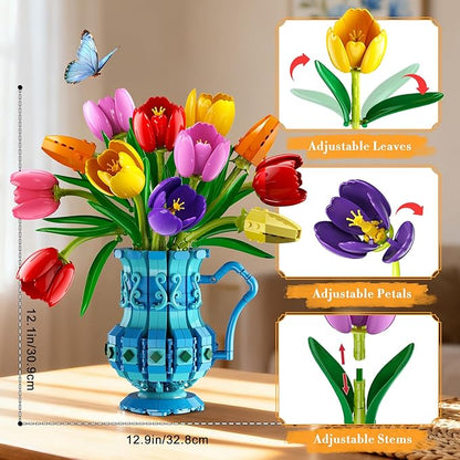 Flowers Bouquet Building Set with Vase - Tulips Bonsai Building Block for Adults Easter Gift for Her/Wife/Mom/Girlfriend 768PCS Artificial Plant Botanical Collection for Home Decor