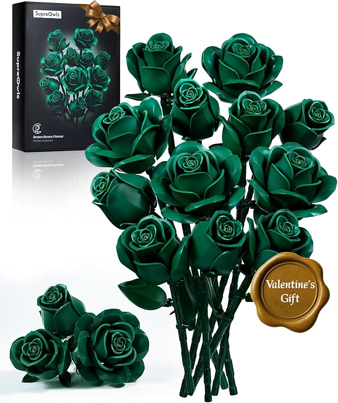 iATOM Green Rose Bouquet Building Set 12Pcs Fake Flowers Botanical Collection for Adult Valentine's Day Gift and Saint Patricks Day Decorations for Her/Girlfriend/Mom/Wife/Couple
