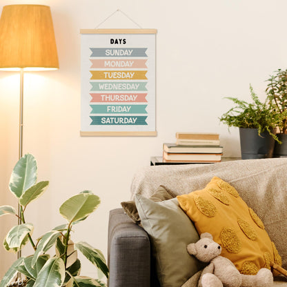 MOTERMATE Days of The Week Wall Art Poster for Kids, Boho Toddler Room Decor, Learning Educational Canvas Poster Hanger Frame for Toddlers Classroom, Kids Playroom Wall Hanging Banner Decor, 12x16Inch