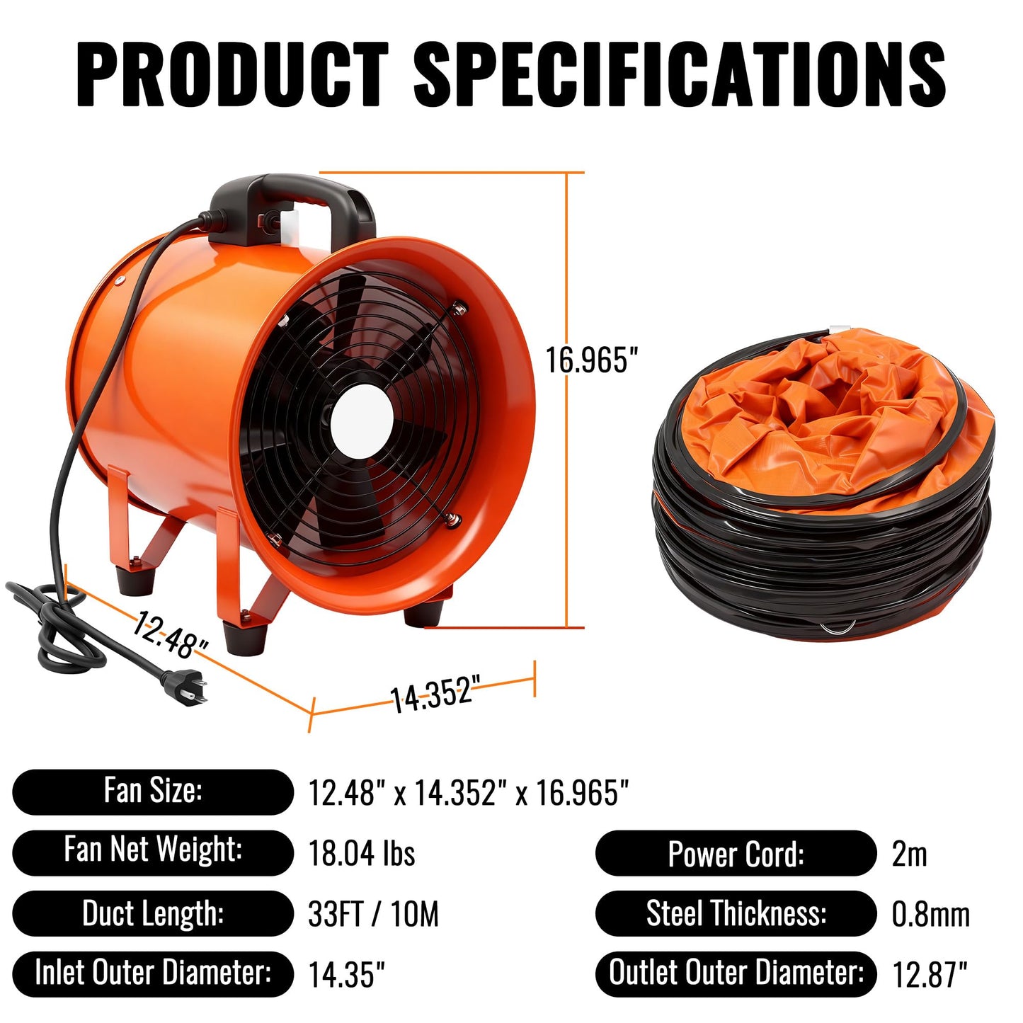 dreamdragon Upgraded 12-Inch Utility Blower Fan，Portable Industrial Exhaust Fan with 33ft Flexible Duct Hose，3300 RPM Low-Noise Ventilator for Workshops Warehouses and Basements
