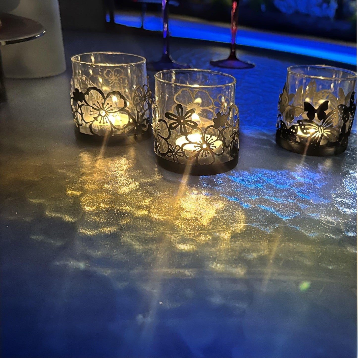 Lily’s Home Cutout Shadow Box Votive Tea Light Hurricane Glass Candle Holders, Centerpiece Lighting for Weddings, Entertaining and Home Decor, Flowers Garden Design, Black, Set of Two