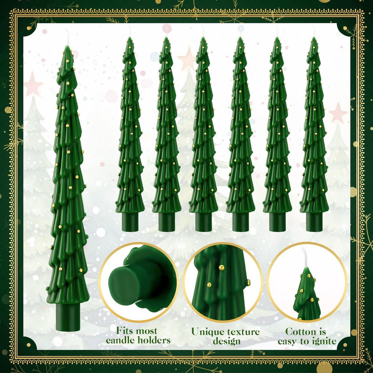 MTLEE Christmas Tree Shaped Taper Candles 10 Inch Unscented Christmas Tree Candles Decorative Aesthetic Xmas Relaxation Gifts for Centerpiece Decorations (Stylish,Green,6 Pcs)
