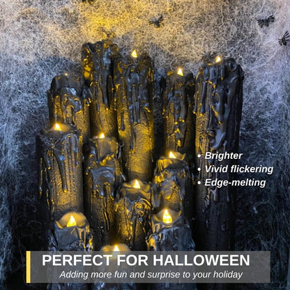 Homemory 24-Pack Halloween Black Dripping Flameless Tea Lights, Battery Operated Flickering LED Candles, Safe for Pumpkins, Party & Holiday Decor, 1.58" D x 1.2" H, Warm White Glow