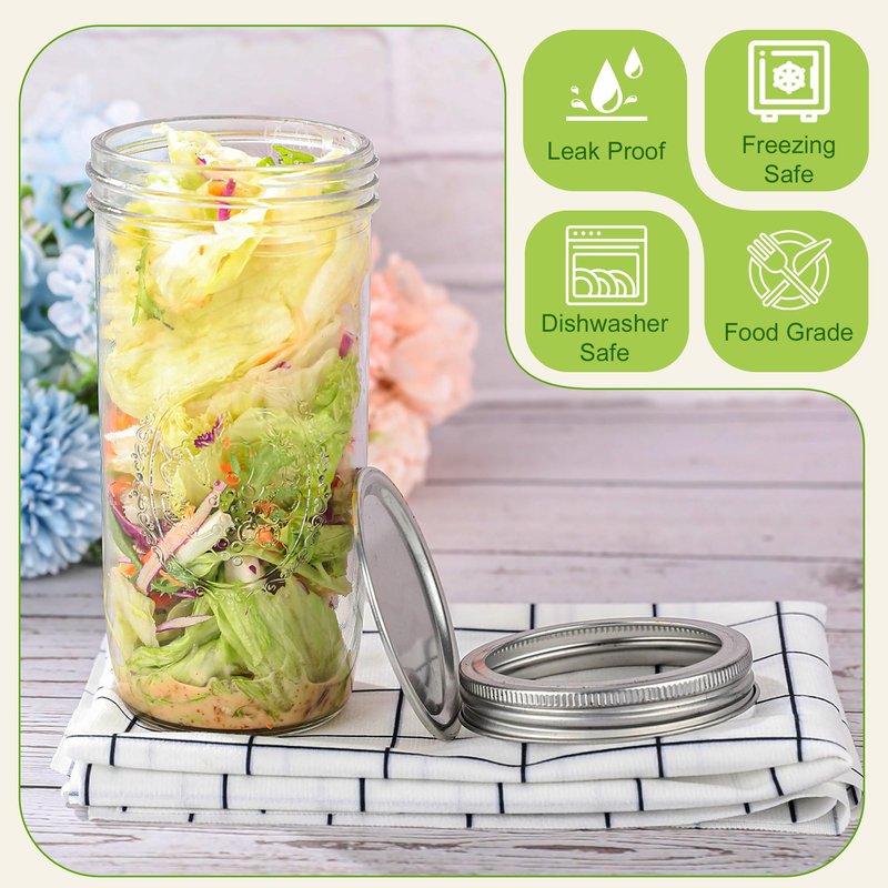 Anwoi Mason Jars 24 oz Wide Mouth with Measurement Marks–12Pack Glass Canning Jars with Airtight Leakproof Lids & Bands, BPA-Free for Meal Prep, Fermentation, Pickling & Storage (clear 6pack 24oz)
