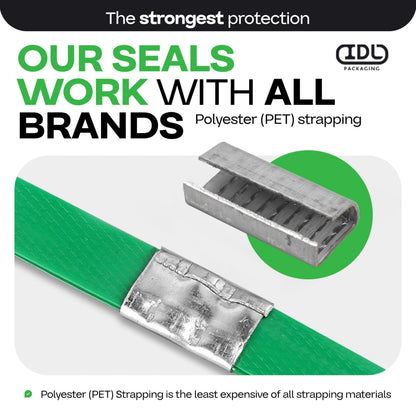 IDL Packaging Open Serrated Seals for 5/8" Strap Width Polyester (PET) Strapping (Pack of 500) – Increased Load Securement Due to Serrated Design of Strapping Clips
