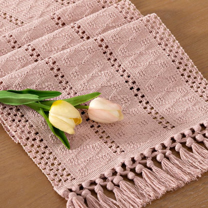 Socomi Boho Table Runner Summer Farmhouse Rustic Dining Kitchen Centerpiece Decor Long Macrame Woven Cotton Linen Coffee Table Runner for Dresser Scarf Home Decor 12x108 in Pink