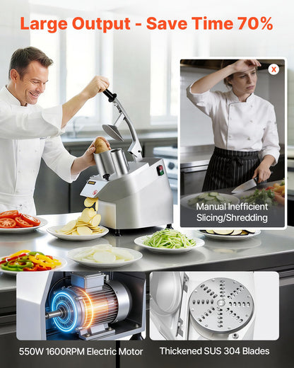 VEVOR Commercial Food Processor 2 Feeding Holes, 550W Electric Vegetable Slicer 1600 RPM, Stainless Steel Vegetable Processor Detachable 6-blades, 3mm/4mm/7mm Shred, 2mm/4mm Slice