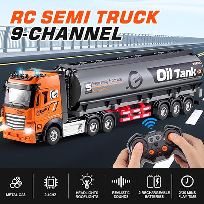 9 Channel RC Semi Truck with Trailer Metal Cab 2.4Ghz Remote Control Oil Tanker Truck with Lights and Sounds Birthday Gift for Kids Boys 14.6