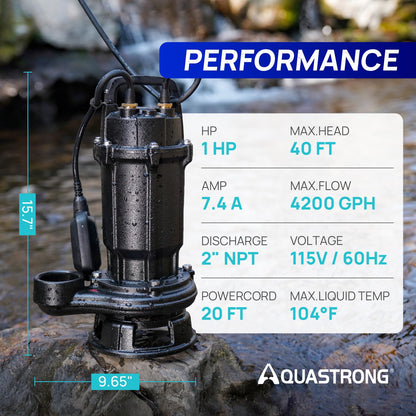 Aquastrong 1 HP Sewage Grinder Pump, 4200 GPH Sewage Pump 2 inch Discharge, Cast Iron Sump Pump Submersible with Auto Float Switch for Basement Sump Basin and Sewage Well, Black