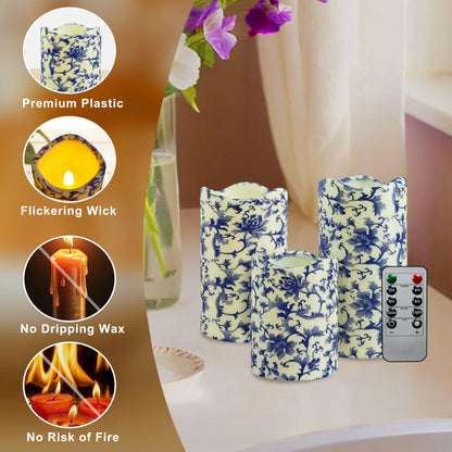 NjaoHoo Flameless Candles 4" 5" 6" Set of 3 Indoor Outdoor Pillars Battery Operated Flickering Candles Include 10-Key Remote Timer Function 500+ Hours (Blue and White Printed)