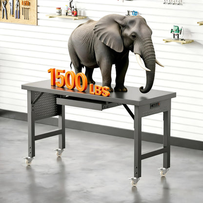 Heavy Duty Workbench Legs, 2000 LBS Load Metal Standing Desk Legs Height Adjustable 27.5“ to 40.5”, Features Lockable Wheels, Power Outlets, Pegboard and Drawers for Workshop, Office, Garage, Home
